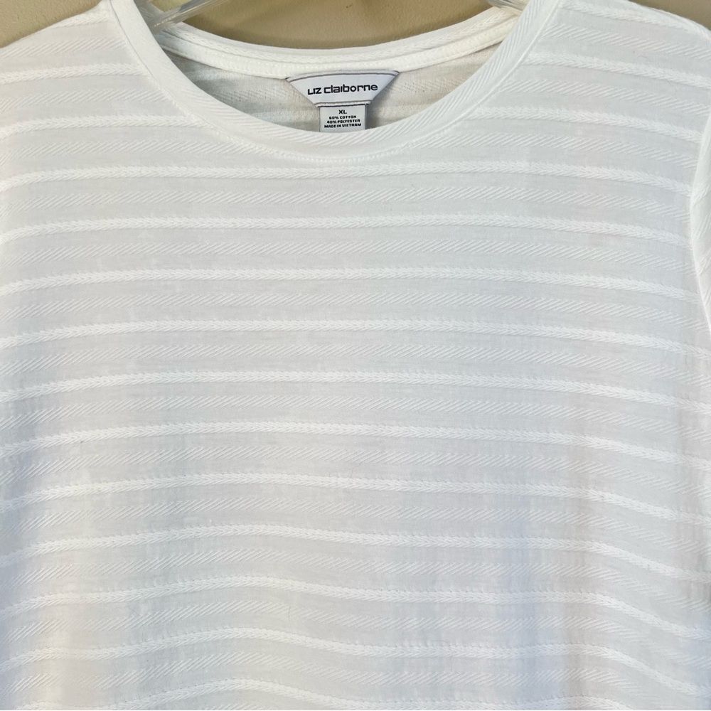 Liz Claiborne Crisp White Cotton Tie Sleeve Ribbed Blouse Top Size Large - Picture 3 of 14